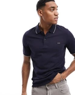 Calvin Klein Stretch Pique Tipping Polo Shirt In Night Sky For Men