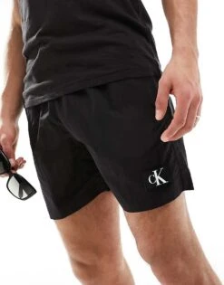 Calvin Klein Monogram Nylon Medium Drawstring Swim Short In Black For Men