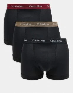 Calvin Klein Cotton Stretch Trunks 3 Pack In Black With Coloured Waistband For Men