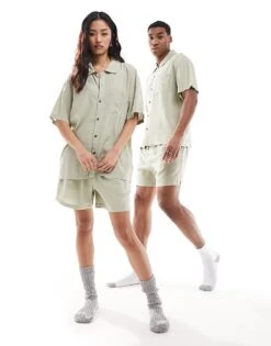 Calvin Klein Woven Sleep Shirt And Short Set In Beige Grey For Unisex