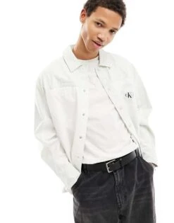 Calvin Klein Jeans Badge Blocking Overshirt In White Wash For Men