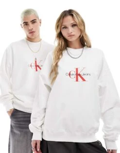 Calvin Klein Jeans Archival Monologo Crew Neck Sweatshirt In White For Unisex Bright White