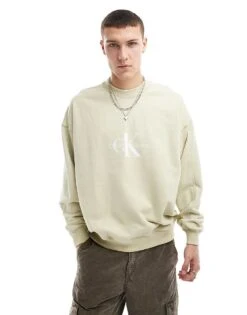 Calvin Klein Jeans Archival Monologo Crew Neck Sweatshirt In Beige For Men