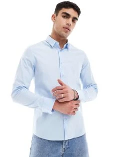 Calvin Klein Poplin Stretch Slim Shirt In Light Blue For Men Calm Blue