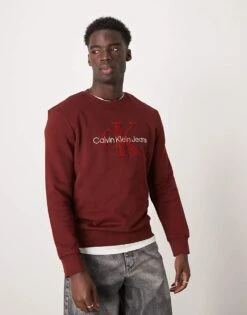 Calvin Klein Jeans Monologo Archive Crew Neck Sweatshirt In Red For Men Rusted Root