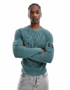 Calvin Klein Jeans Badge Jumper In Green For Men North Atlantic