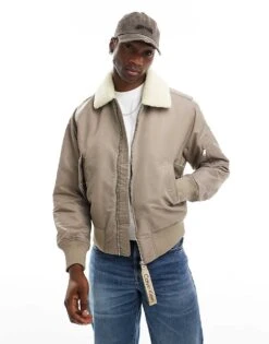 Calvin Klein Jeans Sherpa Collar Aviator Jacket In Beige For Men Brindle