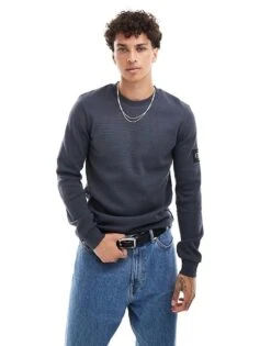 Calvin Klein Jeans Waffle Long Sleeve Badge T-shirt In Charcoal For Men Ebony