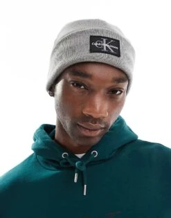 Calvin Klein Jeans Monologo Patch Beanie In Grey For Men Grey Heather