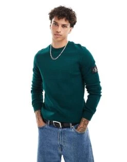 Calvin Klein Jeans Waffle Long Sleeve Badge T-shirt In Dark Green For Men Ponderosa Pine