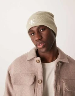 Calvin Klein Jeans Monologo Embroidered Beanie In Oatmeal For Men Pelican