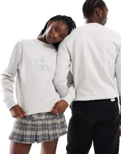 Calvin Klein Jeans Unisex Monologo Sweatshirt In Grey For Unisex Ivory Grey Heather