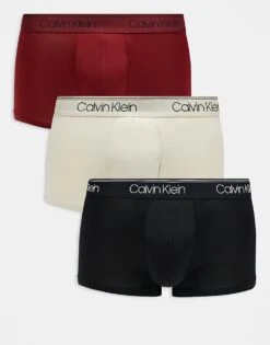 Calvin Klein Microfibre Stretch 3 Pack Low Rise Trunk In Black/red/neutral For Men Multi