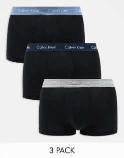 Calvin Klein Cotton Stretch 3 Pack Low Rise Trunk With Coloured Waistband In Black For Men