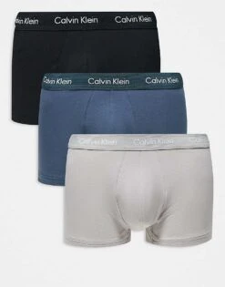 Calvin Klein Cotton Stretch 3 Pack Low Rise Trunk In Black/grey/blue For Men Multi