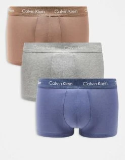 Calvin Klein Cotton Stretch 3 Pack Low Rise Trunk In Brown/blue/grey For Men Multi