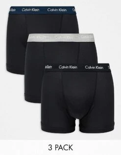 Calvin Klein Cotton Stretch 3 Pack Trunk With Coloured Waistbands In Black For Men