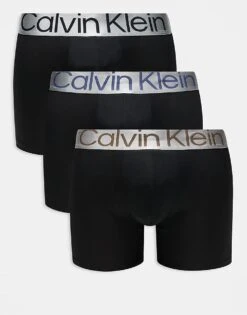 Calvin Klein Steel 3 Pack Boxer Brief With Silver Waistbands In Black For Men