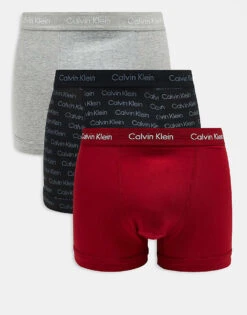 Calvin Klein Cotton Stretch 3 Pack Trunk In Grey/red/logo Print For Men Multi