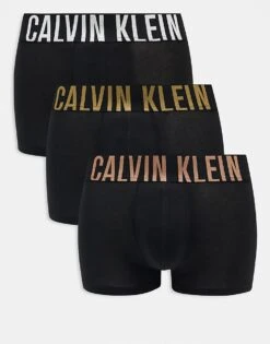 Calvin Klein Intense Power 3 Pack Trunk With Coloured Logo Waistband In Black For Men
