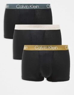 Calvin Klein Modern Structure 3 Pack Trunk With Coloured Waistband In Black For Men