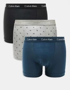 Calvin Klein Cotton Stretch 3 Pack Trunk In Black/blue/logo Print For Men Multi