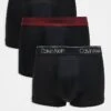 Calvin Klein Microfibre Stretch 3 Pack Low Rise Trunk With Coloured Waistband In Black For Men