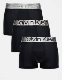 Calvin Klein Steel 3 Pack Trunk With Coloured Logo Waistband In Black For Men
