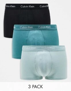 Calvin Klein Cotton Stretch 3 Pack Low Rise Trunk In Green For Men Multi