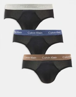 Calvin Klein Cotton Stretch 3 Pack Hip Brief With Coloured Waistband In Black For Men
