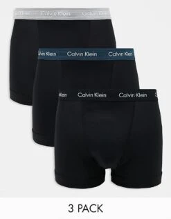 Calvin Klein Cotton Stretch 3 Pack Trunk In Black With Grey/teal/black Waistbands For Men