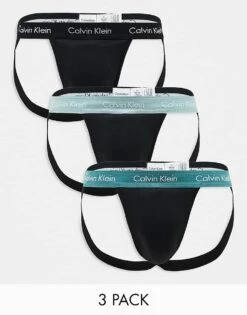 Calvin Klein Cotton Stretch 3 Pack Jock Strap With Coloured Waistband In Black For Men