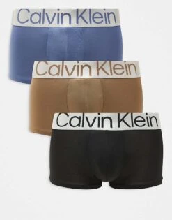Calvin Klein Steel 3 Pack Low Rise Trunk In Black/brown/blue For Men Multi