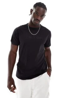 Calvin Klein Cotton Lounge Tee In Black With Embroidered Logo For Men