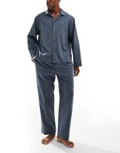 Calvin Klein Cotton Poplin Button Down Sleep Set In Blue For Men