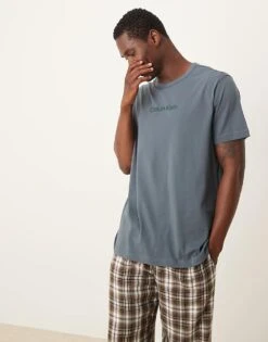 Calvin Klein Cotton Lounge Tee In Blue With Embroidered Logo For Men