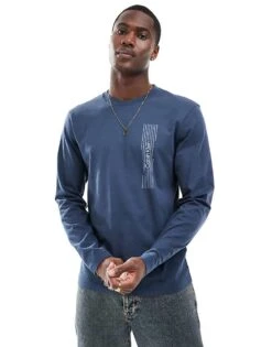 Calvin Klein Horizontal Logo Long Sleeve T-shirt In Navy For Men Ink