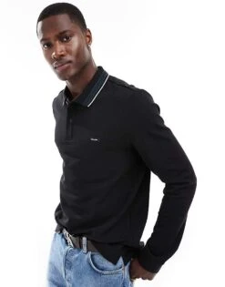 Calvin Klein Stretch Pique Tipped Long Sleeve Polo In Black For Men Ck Black / Ink