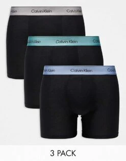 Calvin Klein Modern Cotton Boxer Briefs 3 Pack In Black With Beige/blue/green Waistband For Men