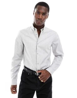 Calvin Klein Stripe Oxford Shirt In Light Grey For Men Moon Mist