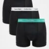 Calvin Klein Cotton Stretch Trunks 3 Pack In Black With White/mint/beige Waistband For Men