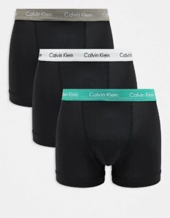 Calvin Klein Cotton Stretch Trunks 3 Pack In Black With White/mint/beige Waistband For Men