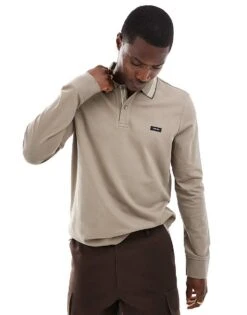 Calvin Klein Stretch Pique Tipped Long Sleeve Polo In Beige For Men Brindle