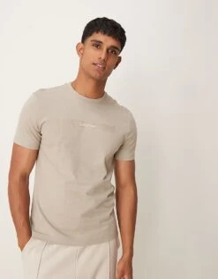 Calvin Klein Embroidered Logo T-shirt In Stone For Men Vintage Khaki