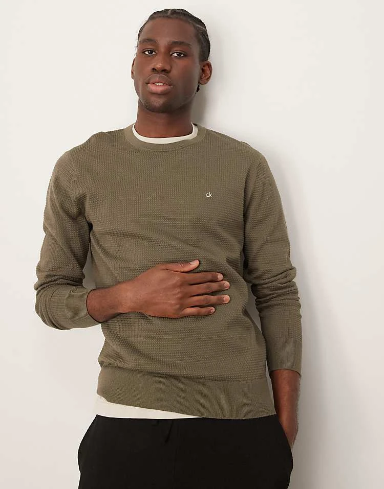 Calvin Klein Waffle Knit Jumper In Olive Green For Men Tarmac