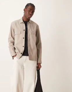 Calvin Klein Button Down Overshirt In Beige For Men Vintage Khaki