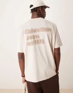 Calvin Klein Jeans Logo Backprint T-shirt In Washed Oatmeal For Men Moonbeam