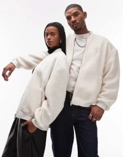 Calvin Klein Jeans Unisex Sherpa Bomber Jacket In Off White - ASOS Exclusive For Unisex Ivory