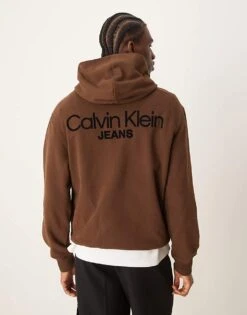 Calvin Klein Jeans Logo Backprint Hoodie In Dark Brown - ASOS Exclusive For Men Antique Brown