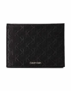 Calvin Klein Logo Leather Billfold Wallet In Twill Mono Black For Men